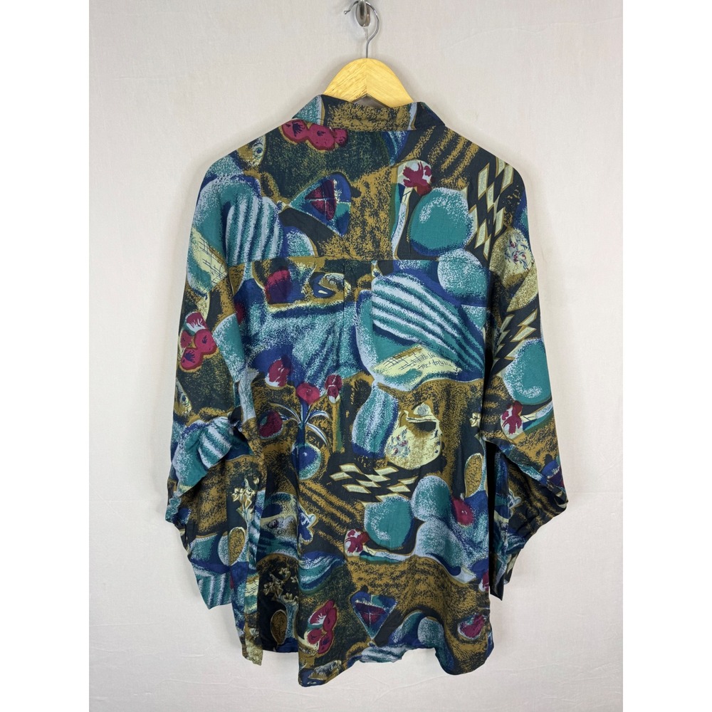 Vinatge 90s Rivage Mens 2XL Abstract Art Button Down Shirt Rayon Teal Gold - Picture 3 of 11